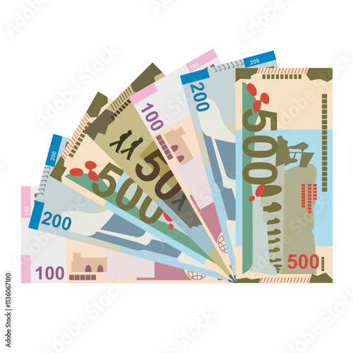 Azerbaijan Manat Vector Illustration. Azerbaijani money set bundle banknotes. Paper money 50, 100, 200, 500 AZN. Flat style. Isolated on white background. Simple minimal design.