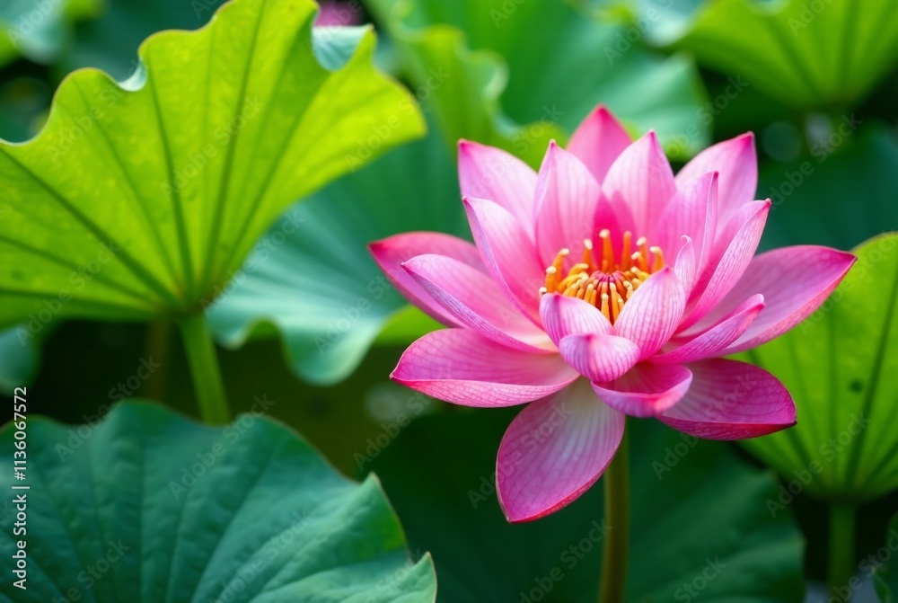 Closeup Pink Lotus Flower, Water Lily, Green Leaves, Nature, Detailed, High Resolution Closeup Pink Lotus Flower, Water Lily, Green Leaves, Nature, Detailed, High Resolution