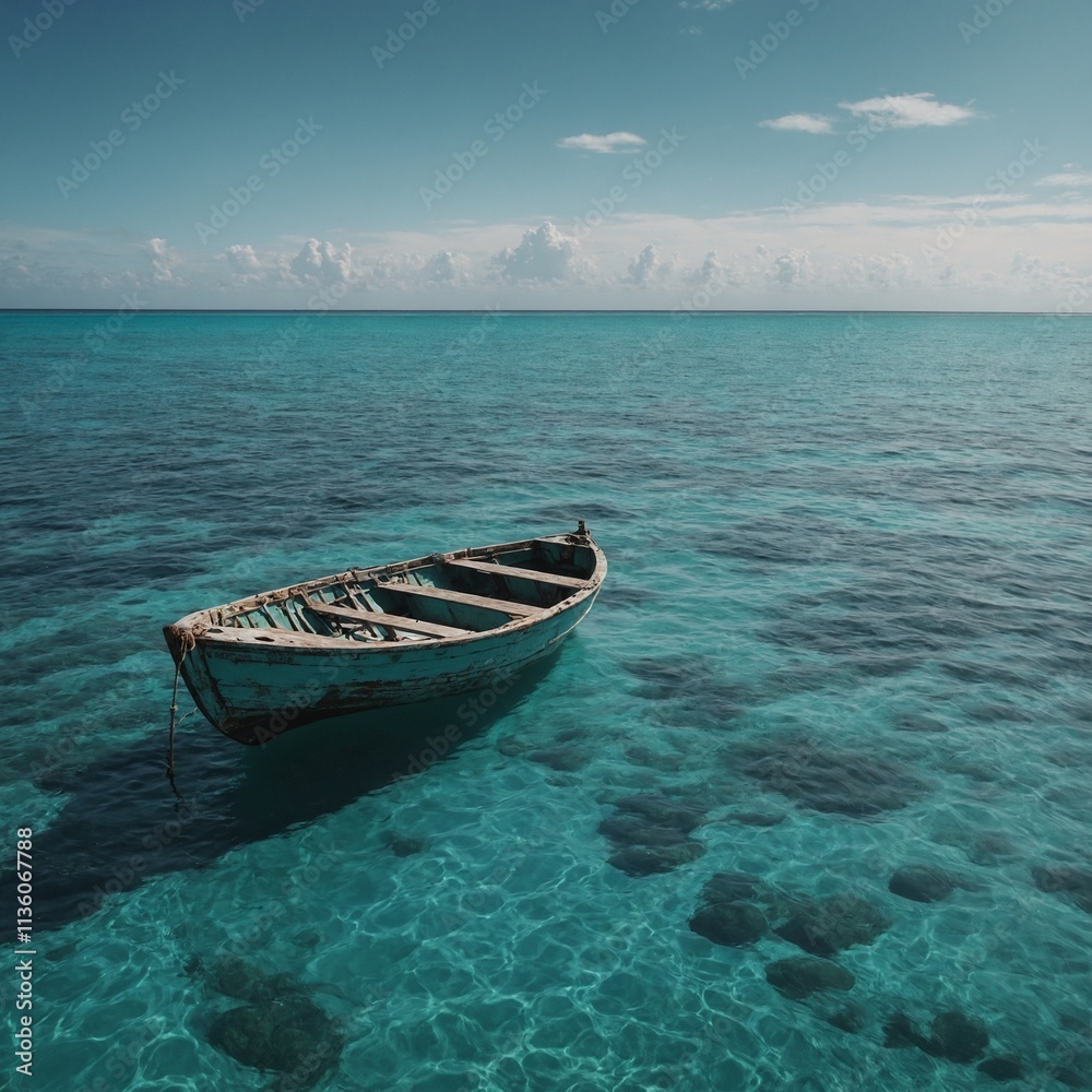 Naklejka premium A boat floating on a serene turquoise ocean.