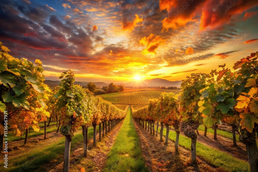 Naklejka premium Captivating Double Exposure Photography of a Vineyard at Golden Hour, Blending Nature and Light for an Enchanting Sunset Experience in Wine Country