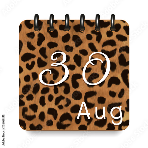 August. Leopard print calendar daily icon. White letters. Date day week Sunday, Monday, Tuesday, Wednesday, Thursday, Friday, Saturday.