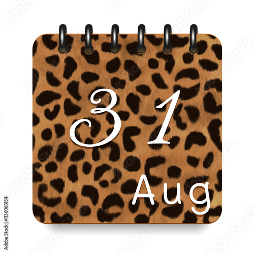 August. Leopard print calendar daily icon. White letters. Date day week Sunday, Monday, Tuesday, Wednesday, Thursday, Friday, Saturday.