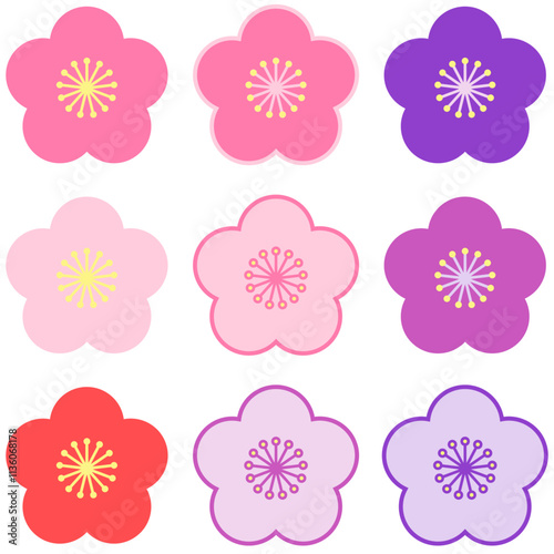 9種類の梅の花で、色はピンクと紫と薄ピンクと赤と薄紫