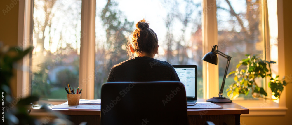 woman working on laptop at desk, surrounded by plants and natural light woman working on laptop at desk, surrounded by plants and natural light