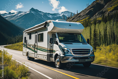 Trailer is driving on a road in the mountains.