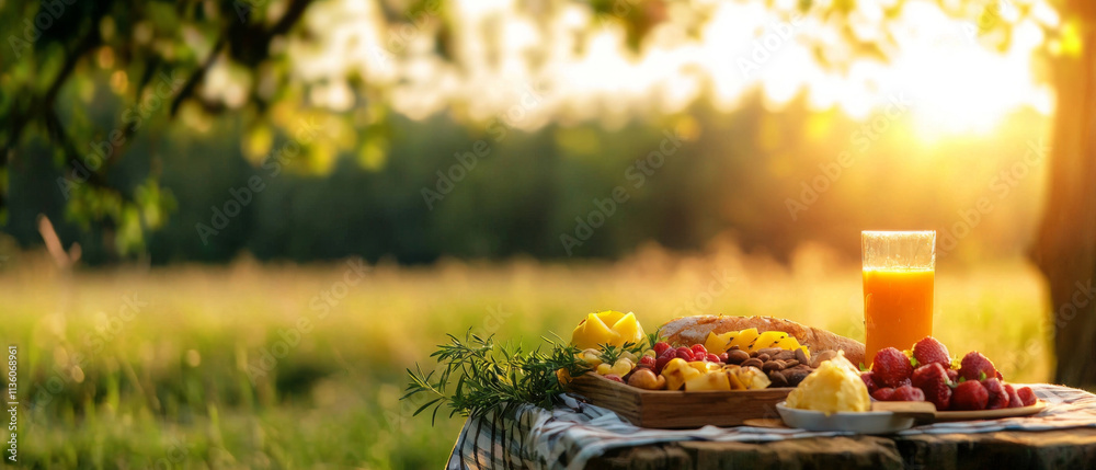 serene outdoor picnic with fresh fruits and juice at sunset serene outdoor picnic with fresh fruits and juice at sunset