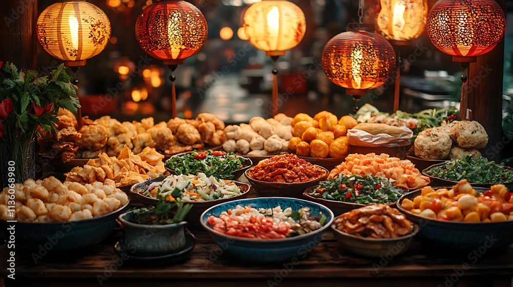 Asian Street Food Display With Lanterns Asian Street Food Display With Lanterns
