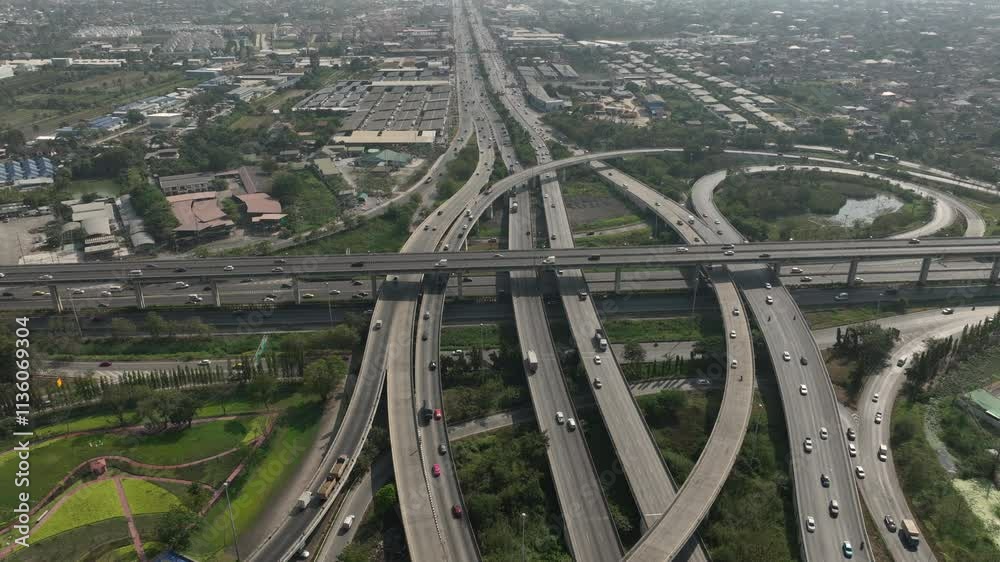 sunny day bangkok city industrial area traffic street road interchange aerial panorama 4k thailand sunny day bangkok city industrial area traffic street road interchange aerial panorama 4k thailand