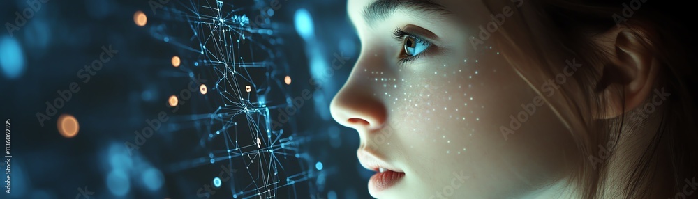 Fototapeta premium Person engaged with a biometric face recognition interface, data points and facial recognition mapped on a dark blue, techforward background