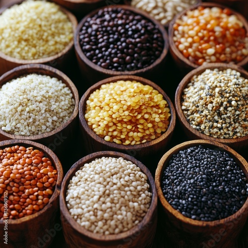 Varieties of Vibrant Grains and Seeds Showcased in Wooden Bowls Capturing the Essence of Culinary Diversity