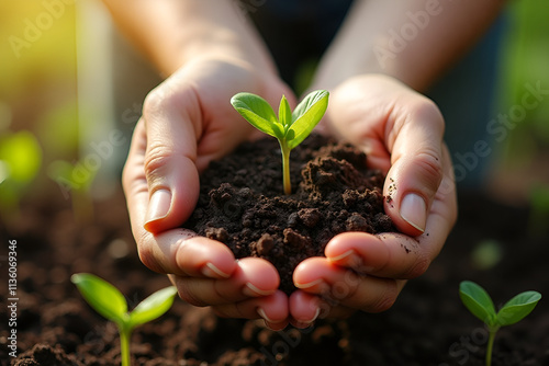 Banner of a close-up of hands holding soil with a small plant sprouting, engaging with the signs of spring for the first time. Spring theme photo