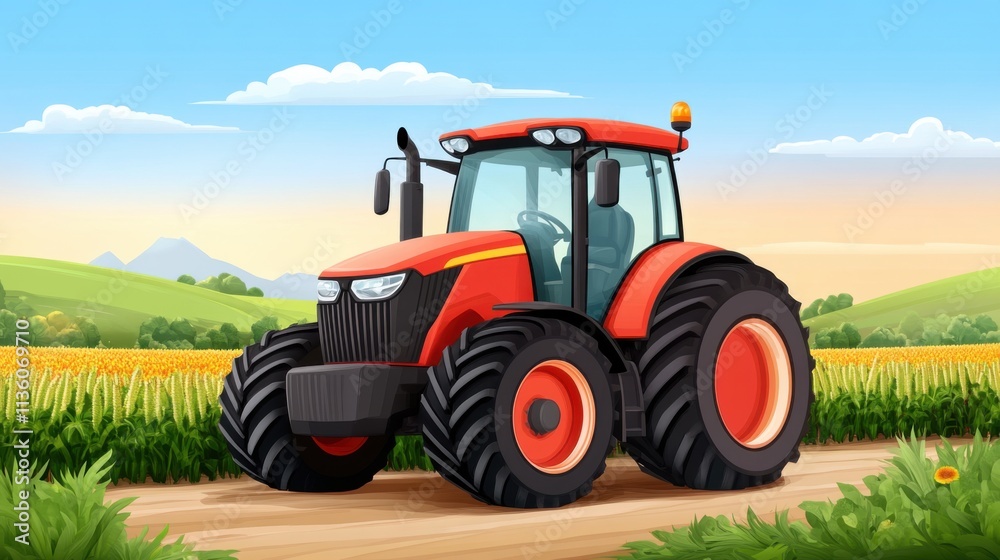 Bright Red Tractor on Country Road Surrounded by Lush Green Fields and Mountains in the Background Bright Red Tractor on Country Road Surrounded by Lush Green Fields and Mountains in the Background