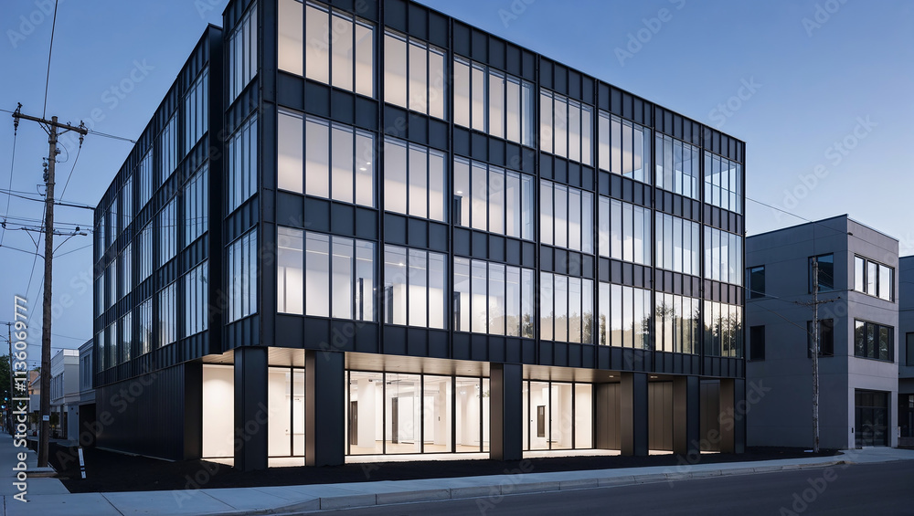 Modern office building exterior at dusk with large glass windows Modern office building exterior at dusk with large glass windows