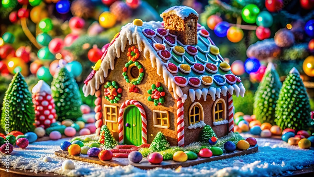 Fototapeta premium Gingerbread House Candy Delight AI Art, High Def, Festive
