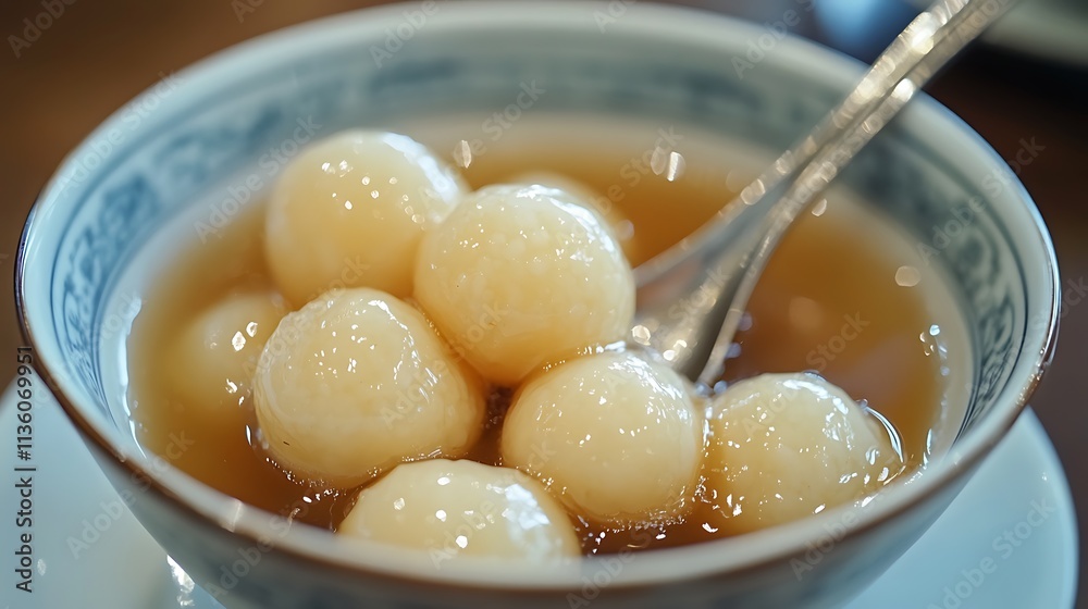 A detailed shot of Tangyuan, sweet rice balls in a ginger syrup, served in a small bowl with a spoon A detailed shot of Tangyuan, sweet rice balls in a ginger syrup, served in a small bowl with a spoon