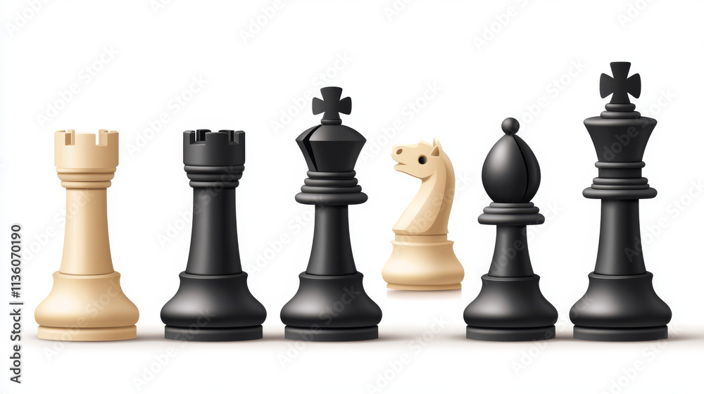 Black chess pieces set isolated on white background. Vector cartoon illustration of king, queen, bishop, knight, rook, pawn figures for board game, checkmate challenge, intellectual sports competition Black chess pieces set isolated on white background. Vector cartoon illustration of king, queen, bishop, knight, rook, pawn figures for board game, checkmate challenge, intellectual sports competition