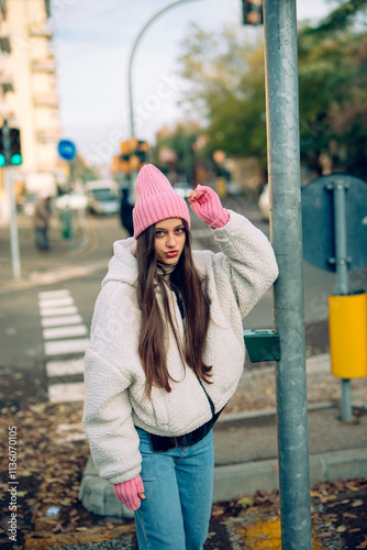 Trendy Urban Fashion A Young Woman Captured in Stylish Streetwear on City Streets Today