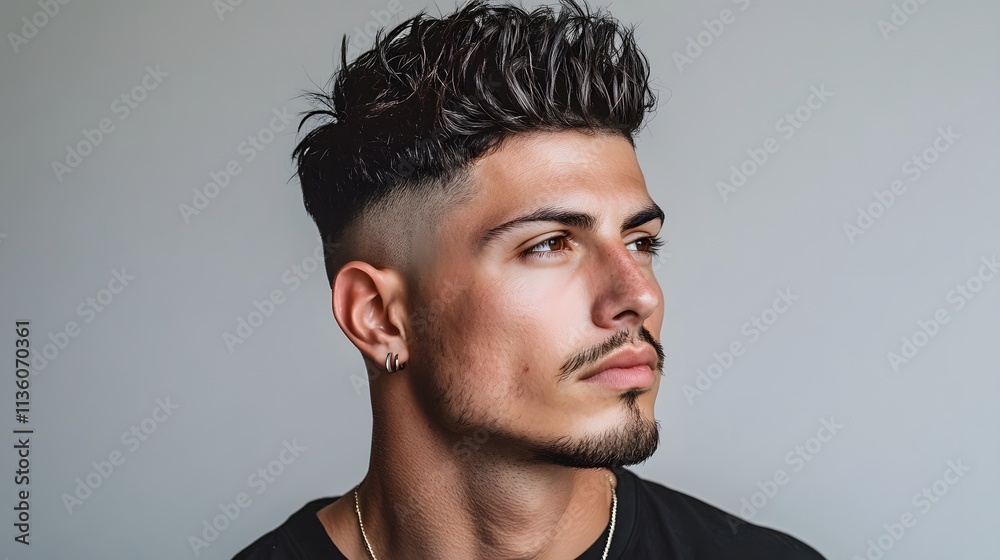 Obraz premium A striking portrait of a man with textured, voluminous hair and a clean fade, paired with subtle facial hair and a confident profile pose.