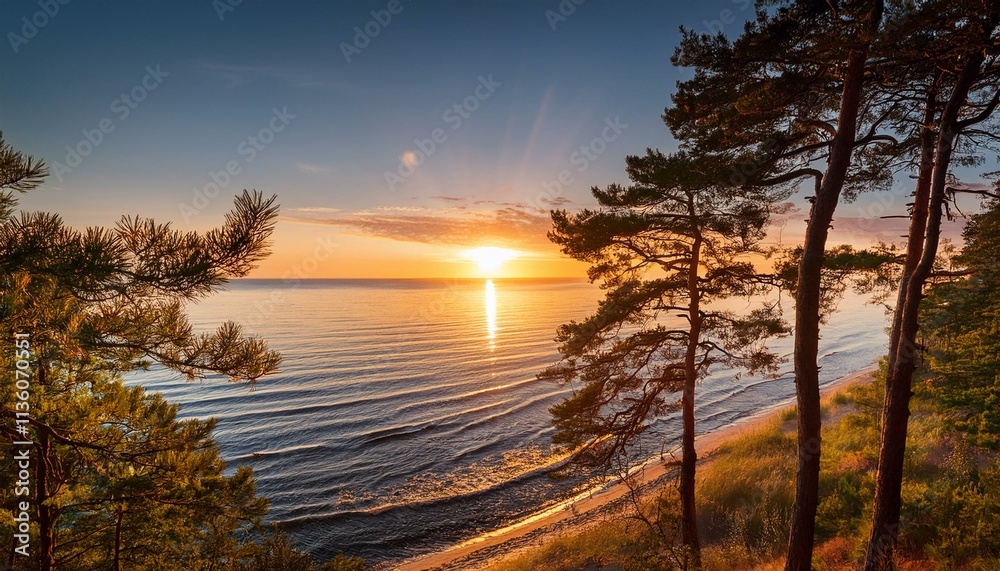 Generated image A Baltic Sea sunset framed by towering pine trees, with the sun dipping below the horizon Generated image A Baltic Sea sunset framed by towering pine trees, with the sun dipping below the horizon