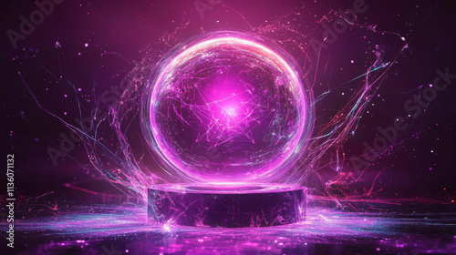 Purple game hologram light circle podium teleport. 3d magic technology neon glow hud platform element vector design set. Fantasy energy stage with sound wave, plexus line, stardust and arch sparkle