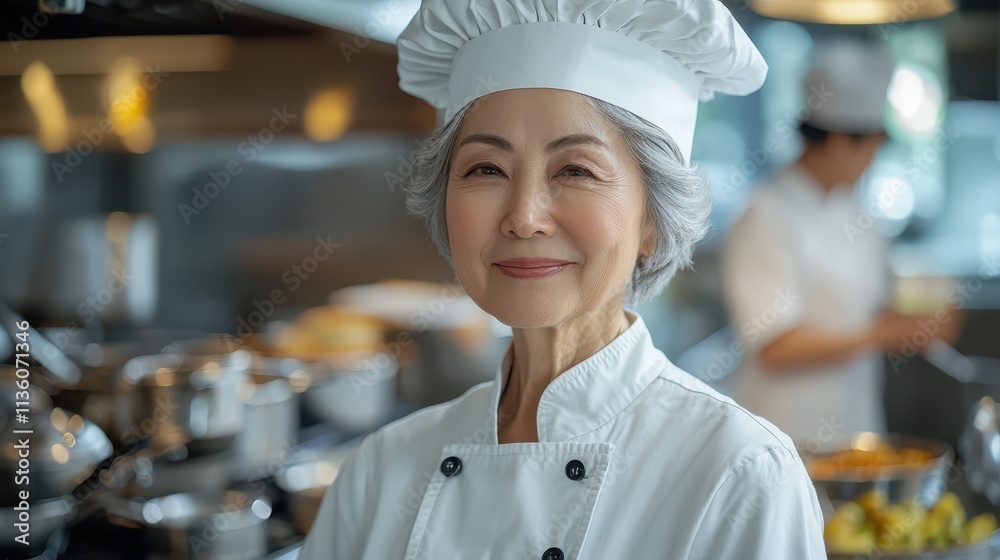 Senior female chef in professional kitchen preparing dishes with passion and expertise Senior female chef in professional kitchen preparing dishes with passion and expertise