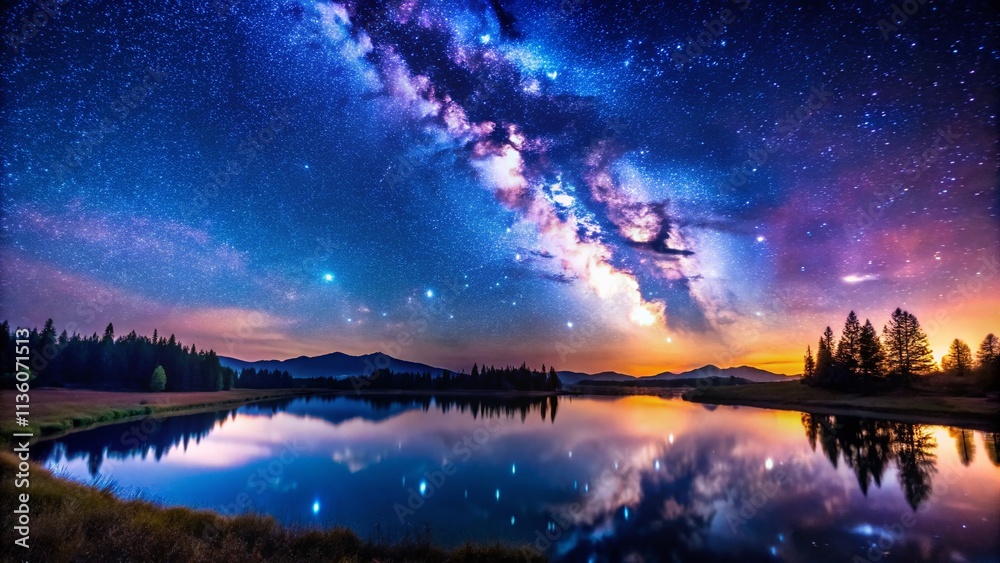 Obraz premium Captivating Panoramic Night Sky Filled with Stars Over a Serene Landscape at Dusk, Perfect for Nature Lovers and Stargazing Enthusiasts