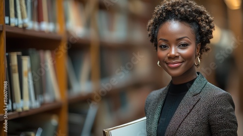 Professional African female lawyer in library holding legal documents at work