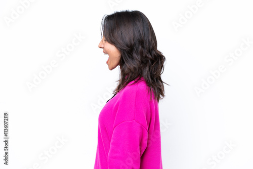 Young hispanic woman with ID card isolated on white background laughing in lateral position