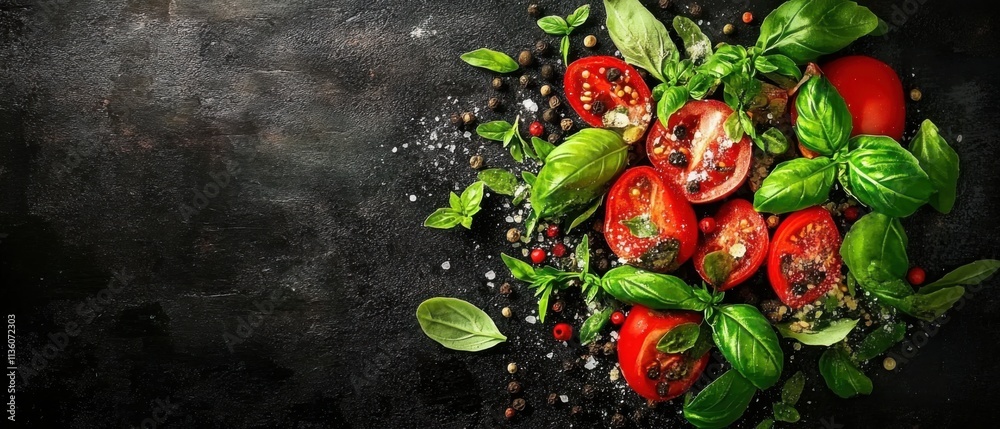 Fresh Tomatoes and Basil with Spices on Dark Background Culinary Food Photography Fresh Tomatoes and Basil with Spices on Dark Background Culinary Food Photography