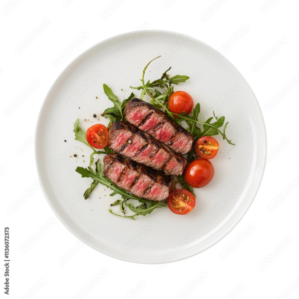 Grilled Steak with Cherry Tomatoes and Arugula on White Plate Grilled Steak with Cherry Tomatoes and Arugula on White Plate