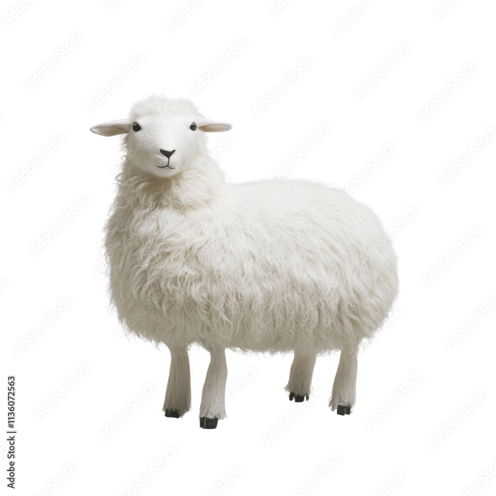 Naklejka premium Cute fluffy sheep standing on a white background looking friendly