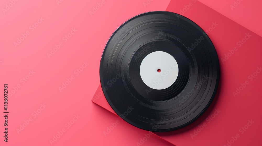 Fototapeta premium A vinyl record rests on a vibrant red background, showcasing its sleek black surface and classic white label.