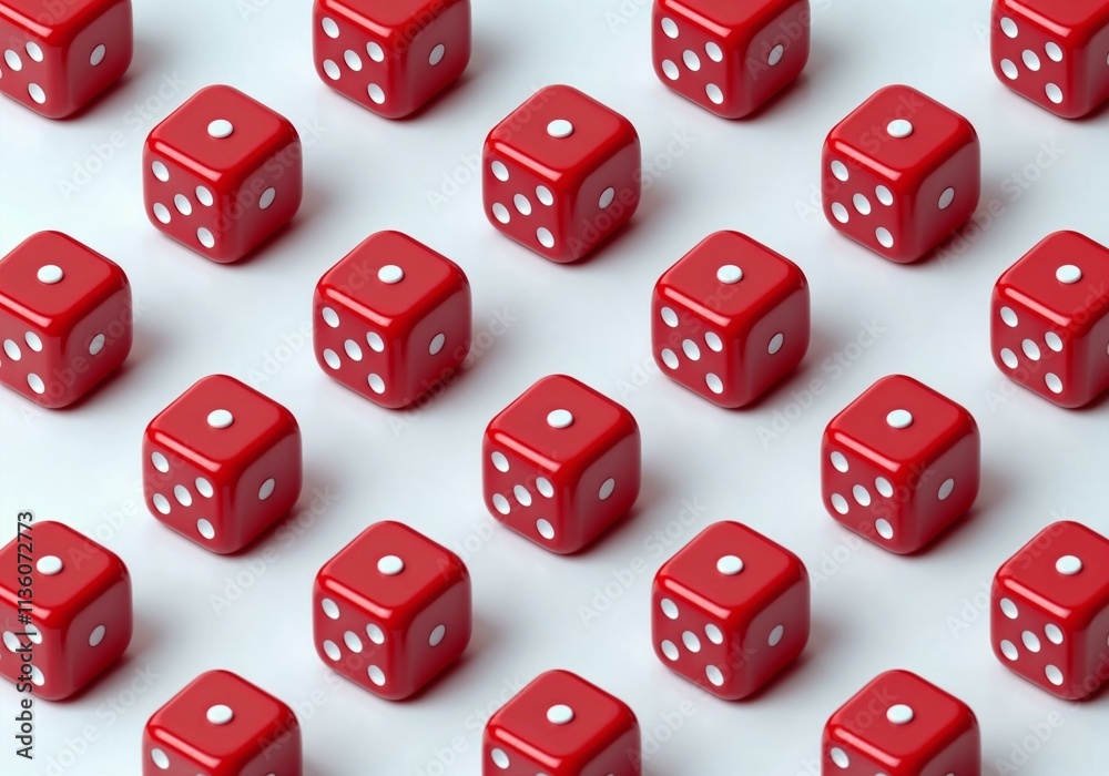 Repeating pattern of red six-sided dice with bright white dots in modern digital rendering