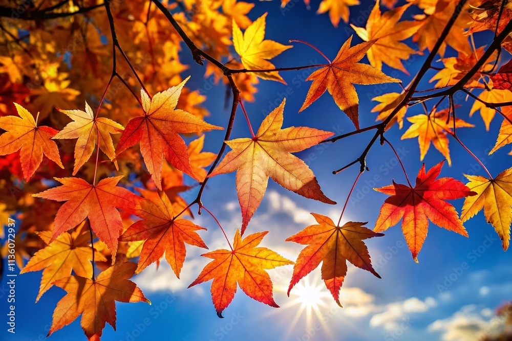 Captivating Silhouette of Autumn Leaves Against a Clear Blue Sky in a Tranquil Natural Setting, Perfect for Seasonal Photography and Educational Material on Nature's Changes Captivating Silhouette of Autumn Leaves Against a Clear Blue Sky in a Tranquil Natural Setting, Perfect for Seasonal Photography and Educational Material on Nature's Changes