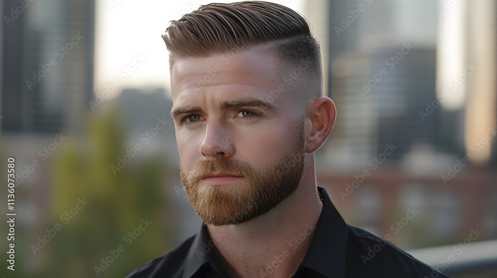 Naklejka premium Portrait of a Modern Leader. A poised portrait of a man with a sleek, side-parted haircut and a well-groomed beard, standing against an urban skyline backdrop. 