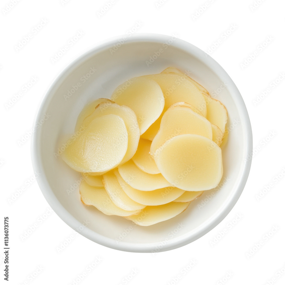 Sliced Fresh Potatoes in a White Bowl for Culinary Presentation Sliced Fresh Potatoes in a White Bowl for Culinary Presentation