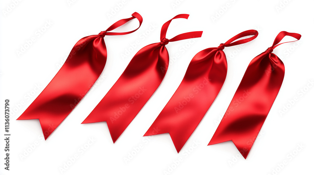 Red ribbon bookmarks set isolated on background. Vector realistic illustration of silk fabric tags, satin cloth flags with abstract edges, sale or discount promo sign, medieval royal decoration