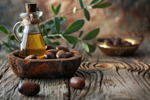 Natural Jojoba Oil in Glass Bottle with Seeds in Wooden Bowl on Rustic Wooden Table. Generative AI photo