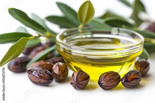 Natural Jojoba Seeds with Golden Oil in Glass Bowl and Fresh Leaves for Skincare and Beauty Concept. Generative AI photo