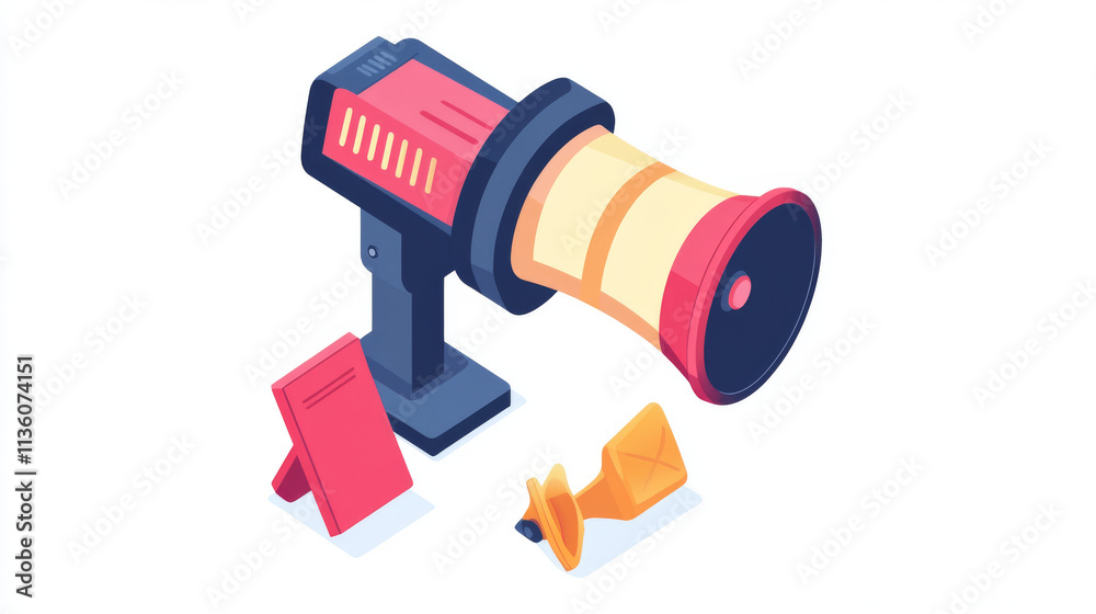 Cinema director loudspeaker isometric icon with shadow cartoon vector illustration isolated on white background. Movie industry element Cinema director loudspeaker isometric icon with shadow cartoon vector illustration isolated on white background. Movie industry element