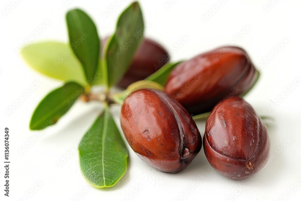 Obraz premium Close-Up of Fresh Jojoba Seeds with Green Leaves on White Background. Generative AI