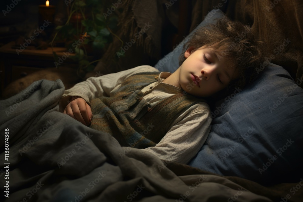 Young boy sleeping on a bed with a blue pillow Young boy sleeping on a bed with a blue pillow