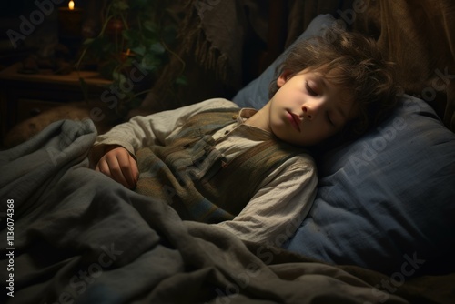 Young boy sleeping on a bed with a blue pillow