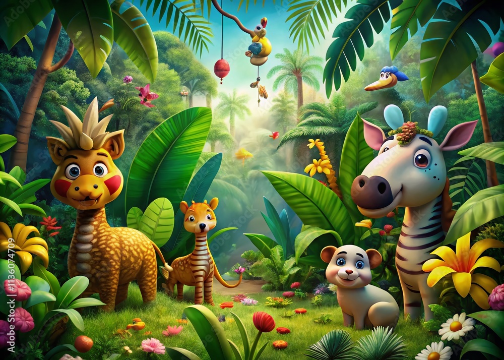 Fototapeta premium Cartoon Jungle Backgrounds: Vibrant Wildlife Illustrations & Tropical Scenes