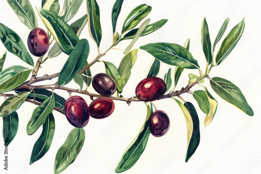 Botanical Illustration of Jojoba Plant with Red Fruits and Green Leaves for Natural Products and Skincare. Generative AI Botanical Illustration of Jojoba Plant with Red Fruits and Green Leaves for Natural Products and Skincare. Generative AI