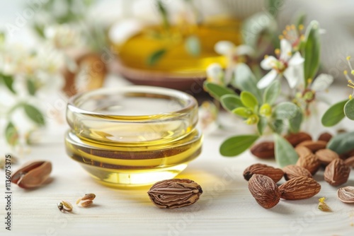 Glass dish of golden jojoba oil surrounded by natural seeds and blooming flowers, styled with green leaves on a light background for a fresh and organic presentation. Generative AI photo