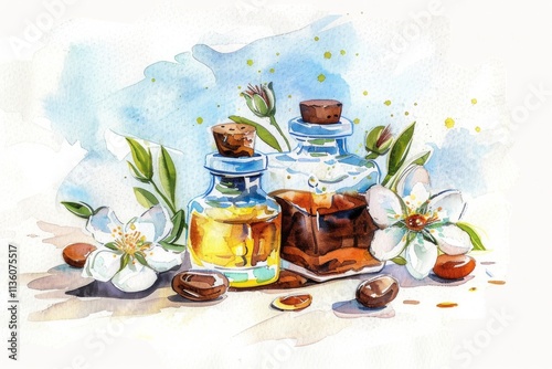 Watercolor illustration of jojoba oil bottles surrounded by seeds, flowers, and green leaves, showcasing an artistic and organic aesthetic. Generative AI photo