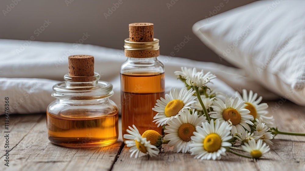 A bottle of aromatherapy essential oil for sleep and chamomile tea in a bedroom. A bottle of aromatherapy essential oil for sleep and chamomile tea in a bedroom.