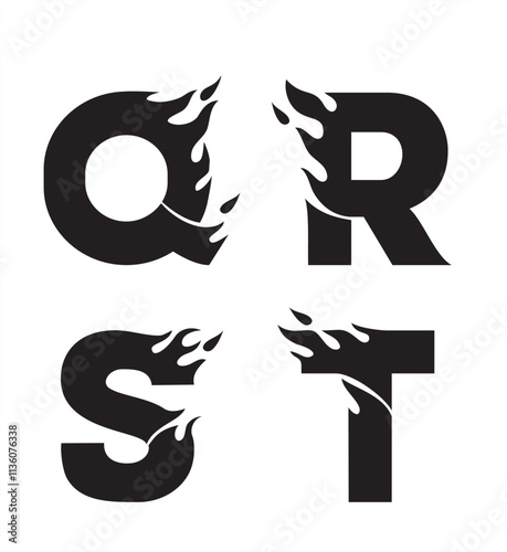 Fire Letters Design, Q R S T Black Ink Silhouette Initials Tattoo