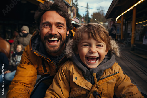 A father and his little son ride a roller coaster for children.